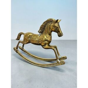Vintage Brass Rocking Horse Statue Figurine Equestrian Home Nursery Decor